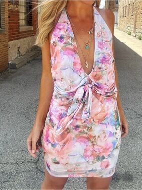 Floral Halter Knot Front Mini Dress - Pink Multi